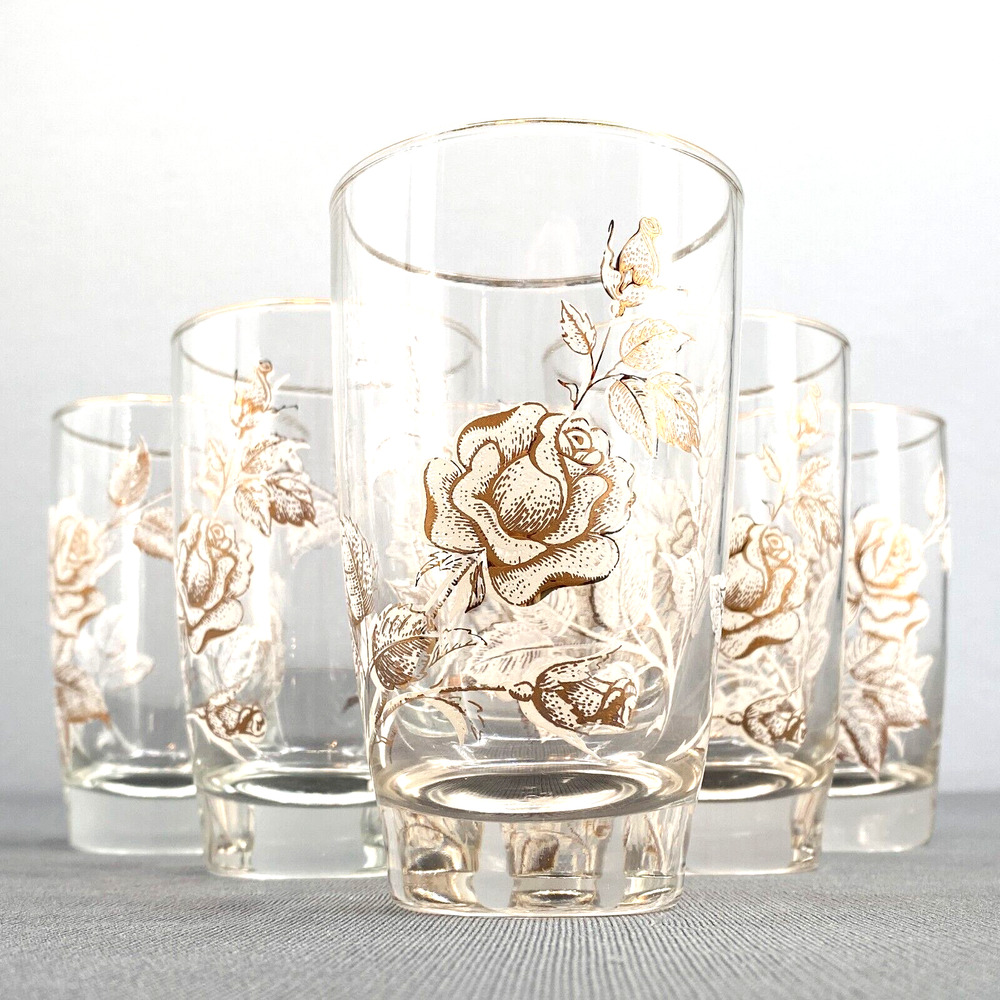 VTG Libbey Rose Bouquet Gold Rim Tumblers Set 6 Floral 12oz Glasses MCM
